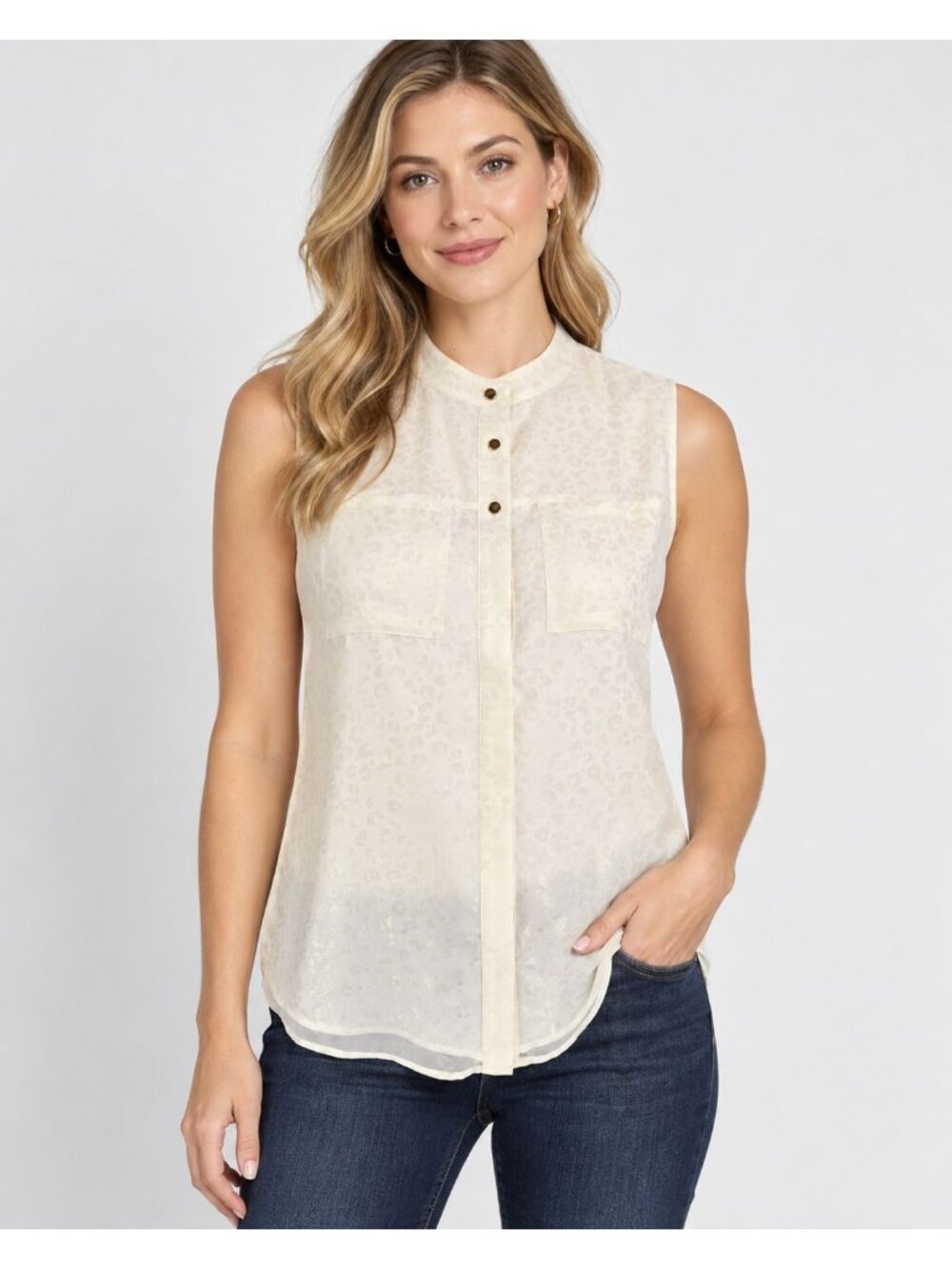 Calvin Klein Womens Blouse Top Ivory Shimmer Animal Print Button Size L